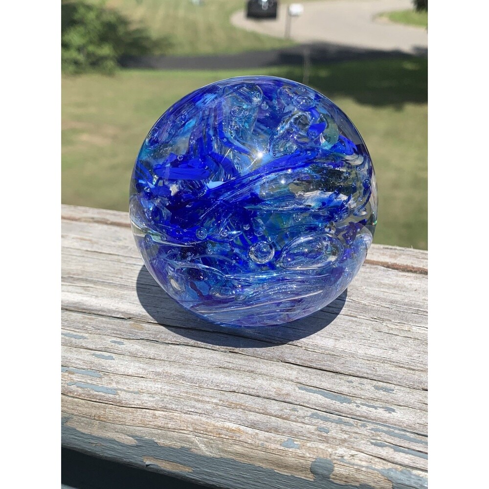 Signed Jeff Prince 2007 Gorgeous Blue Swirl Orb Paperweight 4 in Diameter.